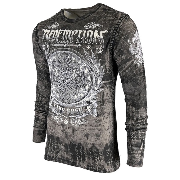 Archaic by Affliction Men's Thermal Shirt SHIELDED Wing Biker Gray - Picture 5 of 9